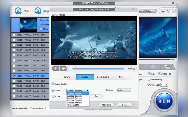WinXdvd Ripper PLatinum Subtitle page on display