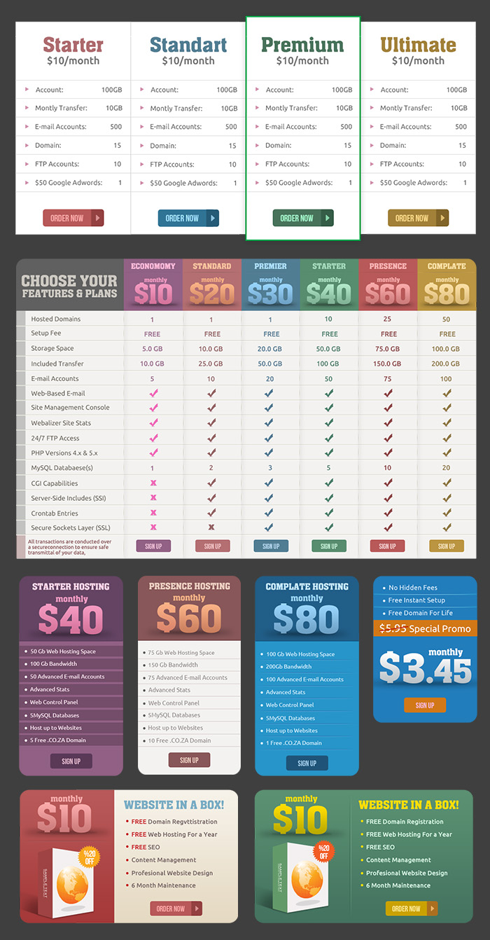 Pricing-Tables Collage of pricing tables and pricing banners