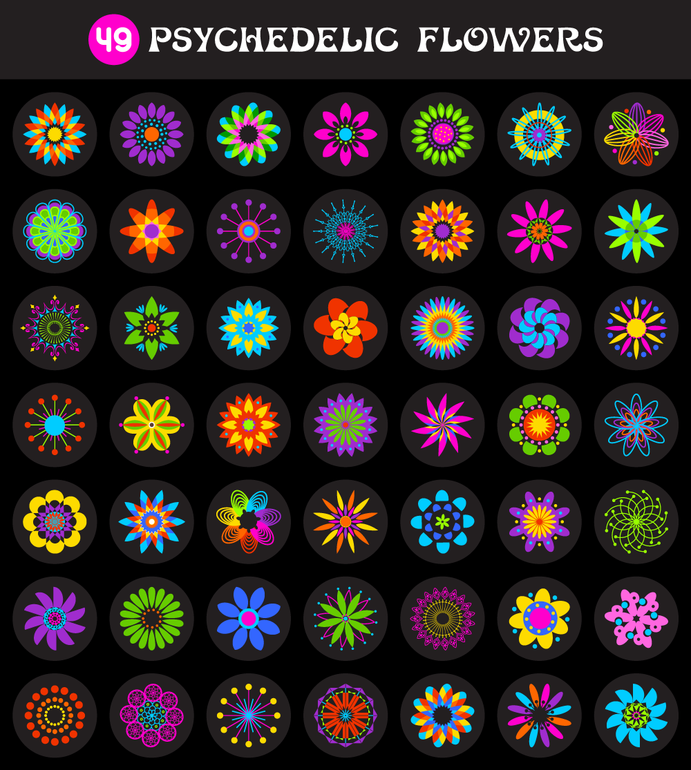 Collage of colorful psychedelic flower vectors
