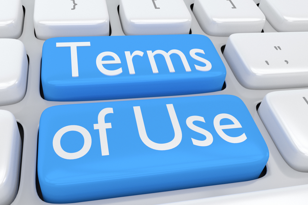 Terms of Use in infographic 3D illustration of computer keyboard with the script 'Terms of Use' on two adjacent pale blue buttons