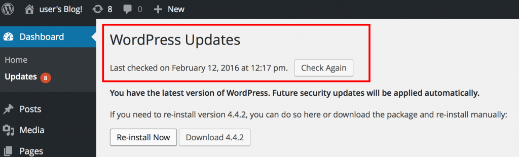 WordPress update notification