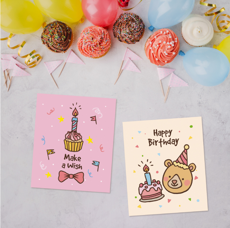 Birthday-card-designs Hand-Drawn Birthday Cards with balloons and cupcakes in the background