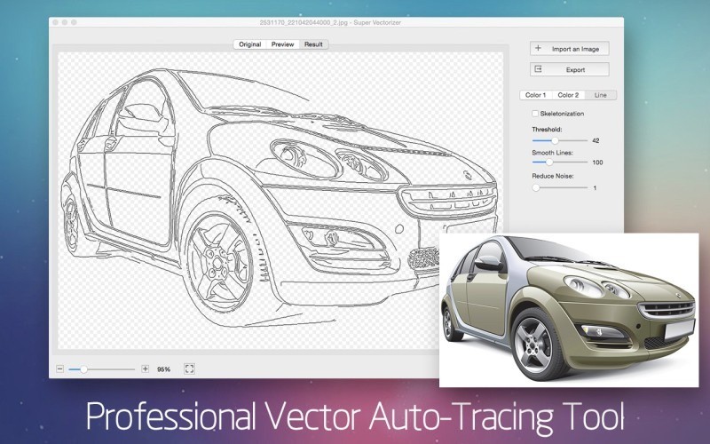Super Vectorizer Tool - convert image to vector software is used to vectorize a car image.