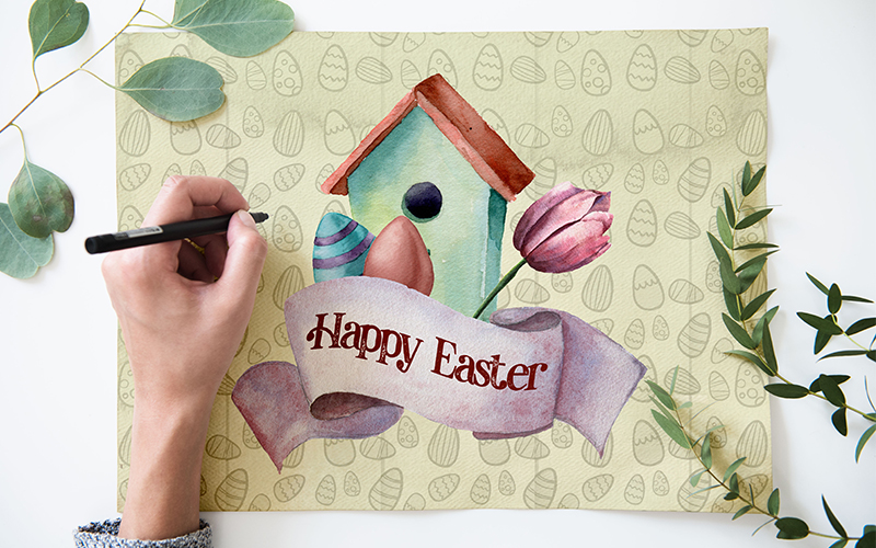 Easter Freebie- Preview with a hand drawn birdhouse and eggs easter backgrounds, cute easter backgrounds, easter background images, easter vector design