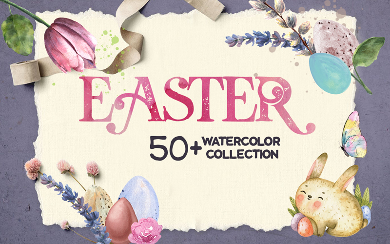 Easter water collection freebie with a hand drawn Watercolor bunny and eggs and more easter egg graphics, Free Easter Vectors, easter egg background