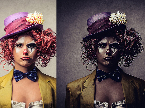 Dark HDR Photoshop actions showcasing a woman clown before and after effect