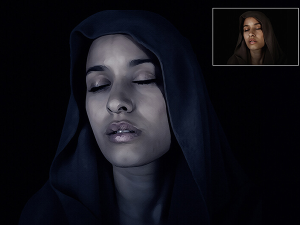 Dark night photoshop actions showcasing a woman in black and white filter