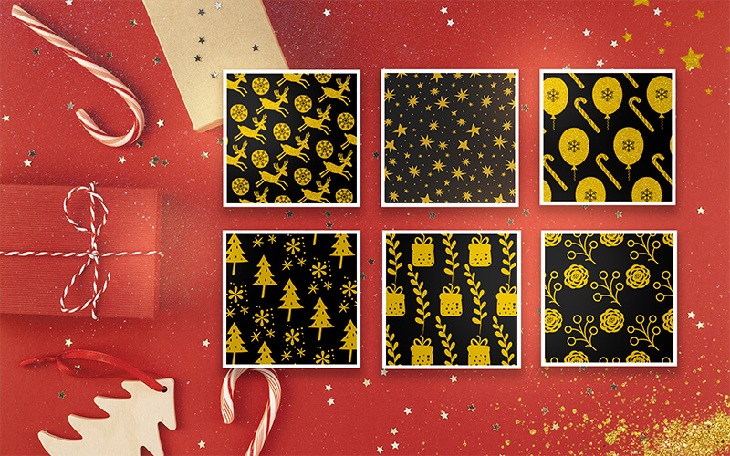 Glitterati Holiday Photoshop Elements preview with red background Glitterati Holiday Photoshop Elements preview with red background and christmas theme displaying black and gold patterns