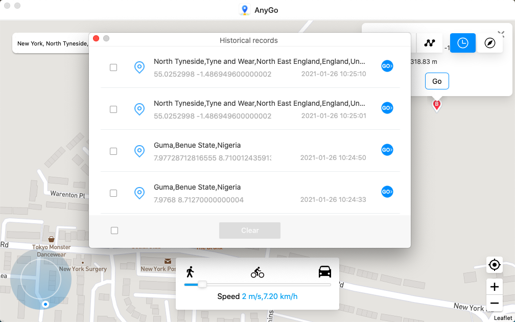 iToolab - gps spoofer iphone historical records checker UI