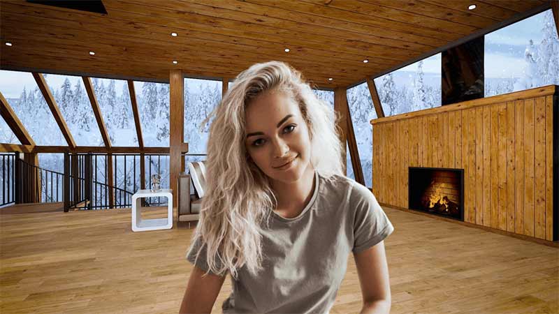 This is a picture of a woman with a virtual background of a living room in a beige color combination