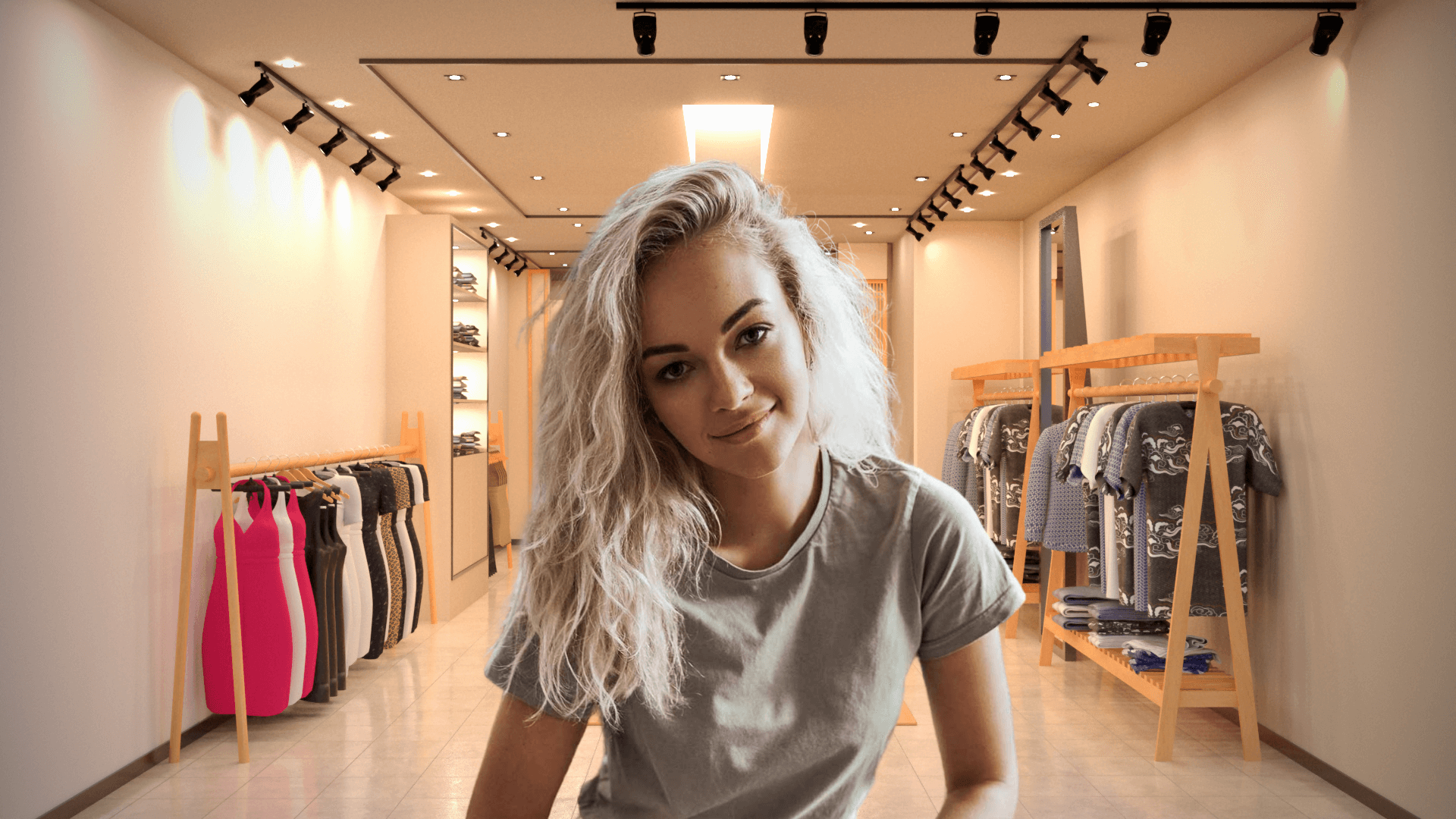 A photograph of a woman before a closet