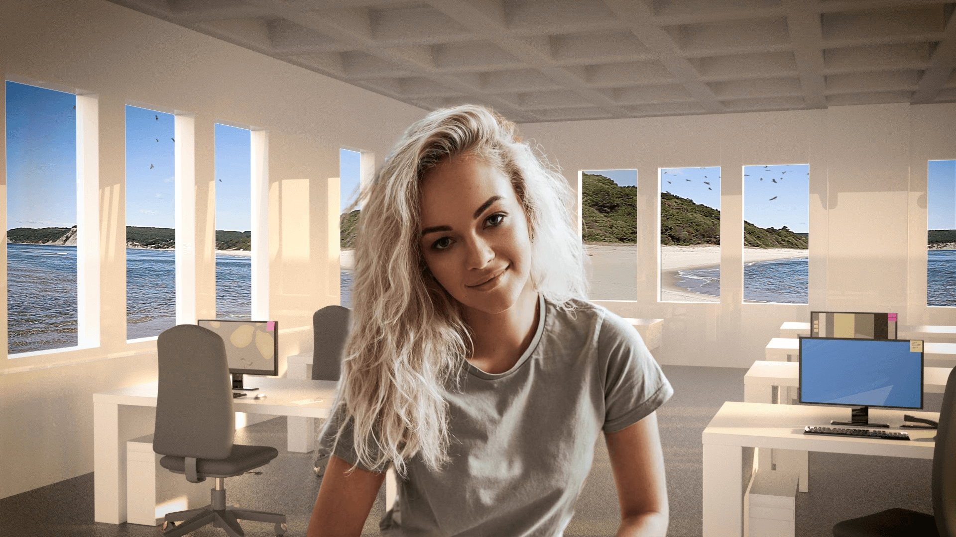 This is a picture of a woman with a virtual background of a living room in a Grey color combination