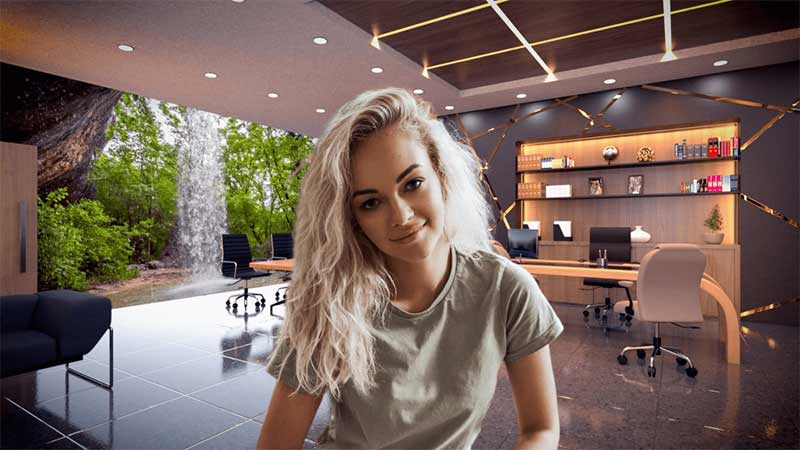 This is a picture of a woman with a virtual background of a living room in a Mauve color combination