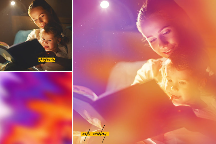 Light leak effect applied on a woman from the Overlays Bundle: before and after