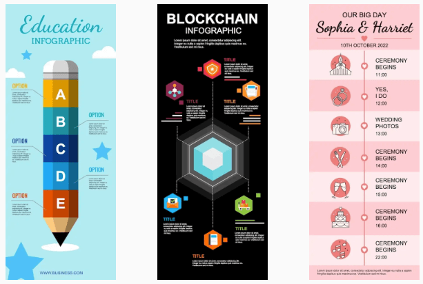 Collage fo Eduction Infographic, Blockchain Infographic and Wedding editable Infographic template