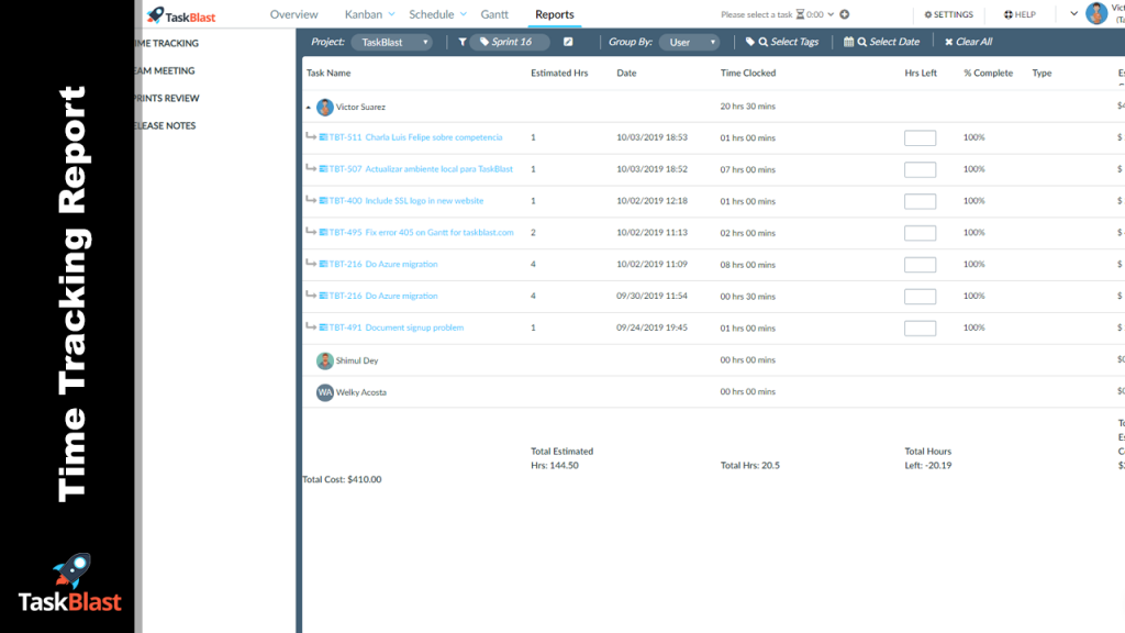 taskblast - project management software time tracking report