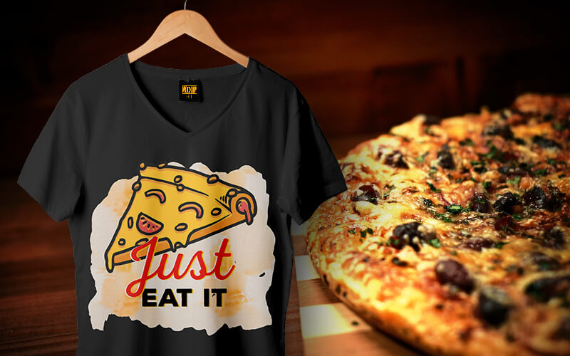 Pizza printed on a black t-shirt