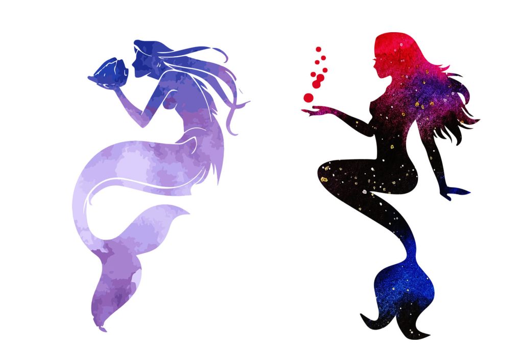 mermaid silhouette watercolor illustrations