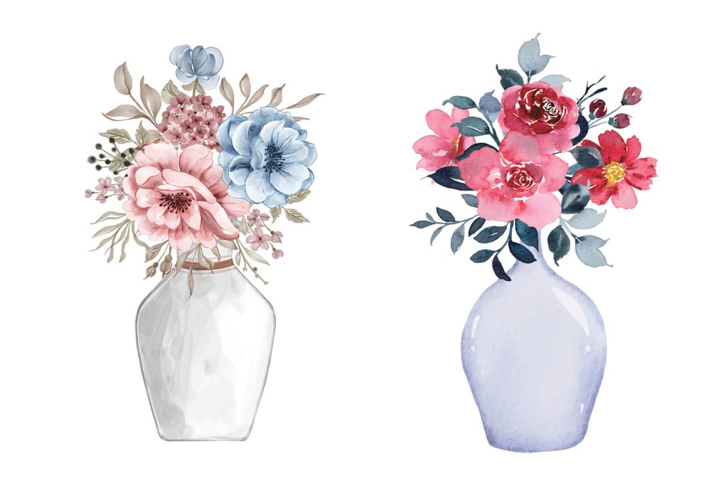 pink colored flower vase watercolor illustration