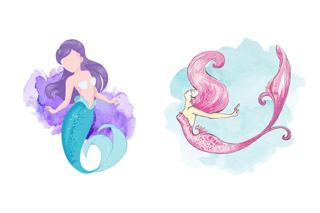pink and purple watercolor mermaid illustrations