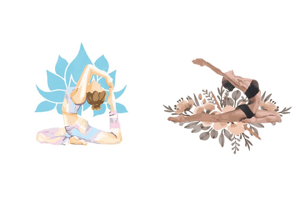 collection of calming yoga poses in vibrant watercolors