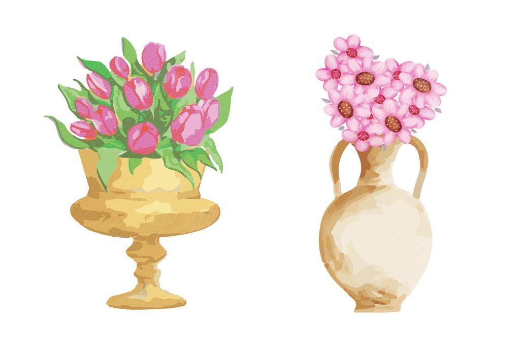 watercolor illustration of pink flowers in golden vase