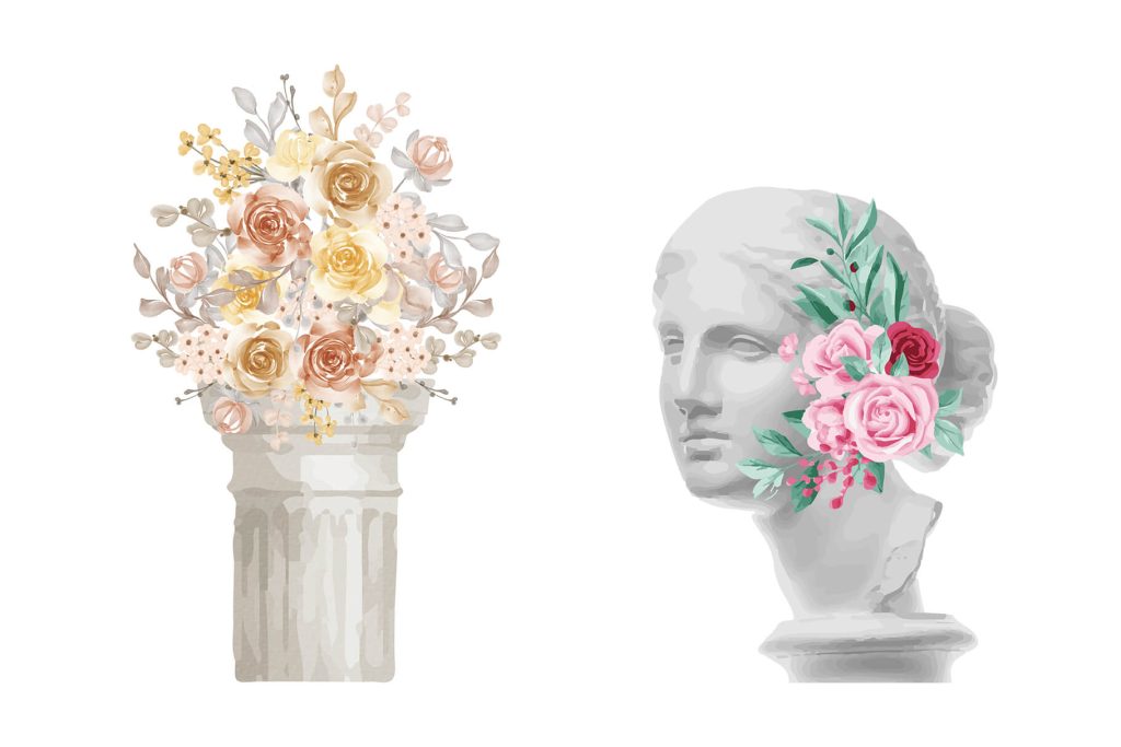 Watercolor illustration of white flower vase