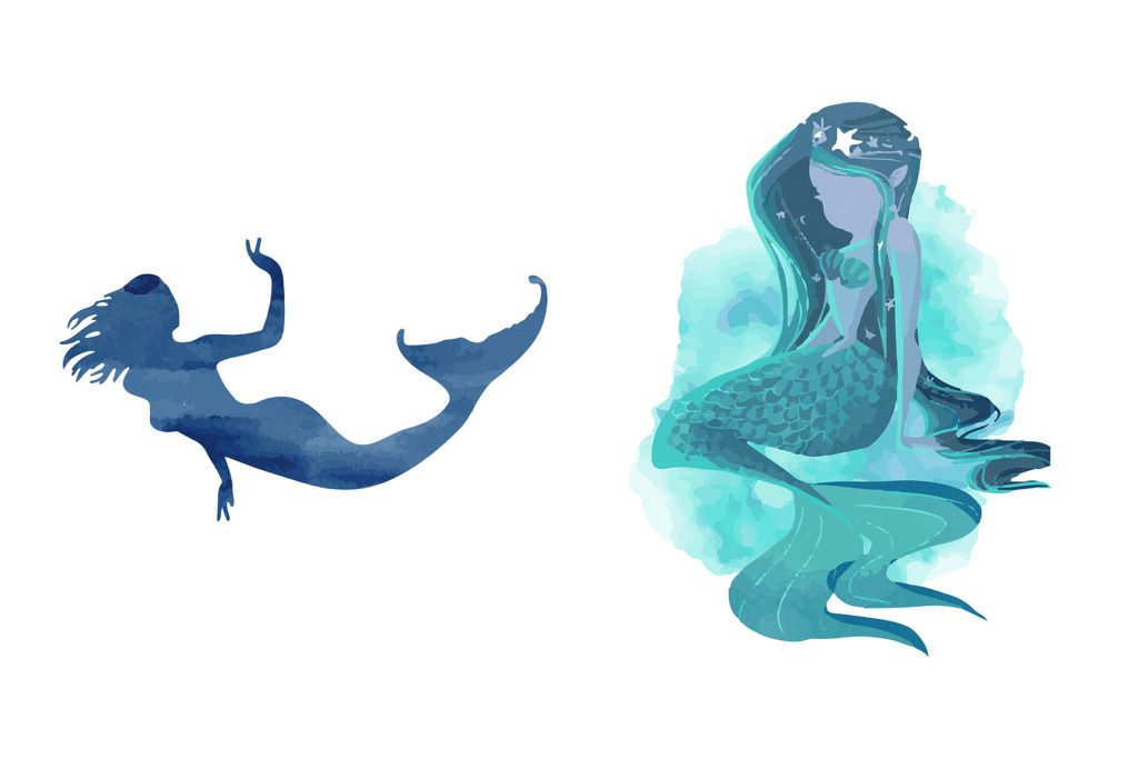 watercolor Illustration of blue mermaid silhouette