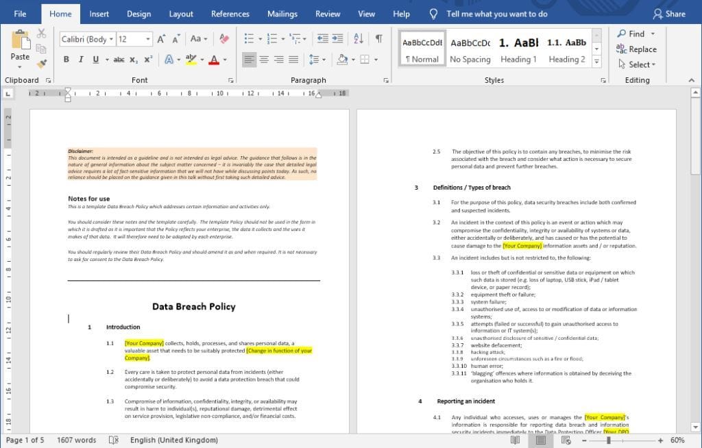 GDPR document data breach policy