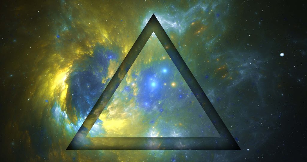 blue and yellow sky background with a triangle shape in middle