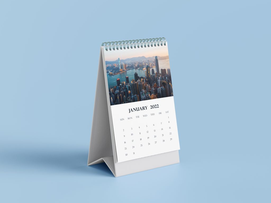 Vertical calendar mockup with evening city scape