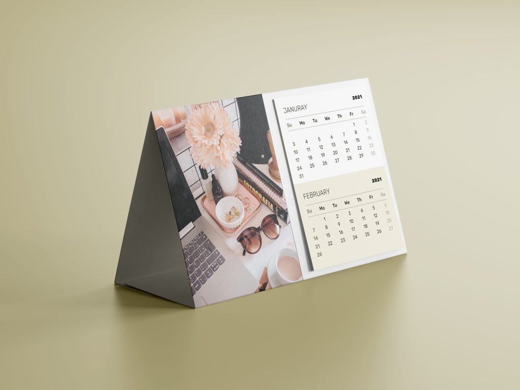 Aesthetic Horizontal Desk Calendar mockup with mud green background