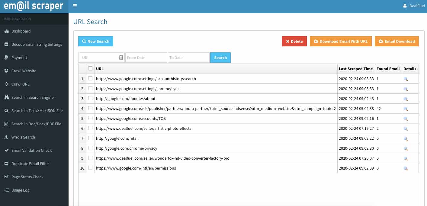 Url-Search-Preview URL Search dashboard of This website email extractor