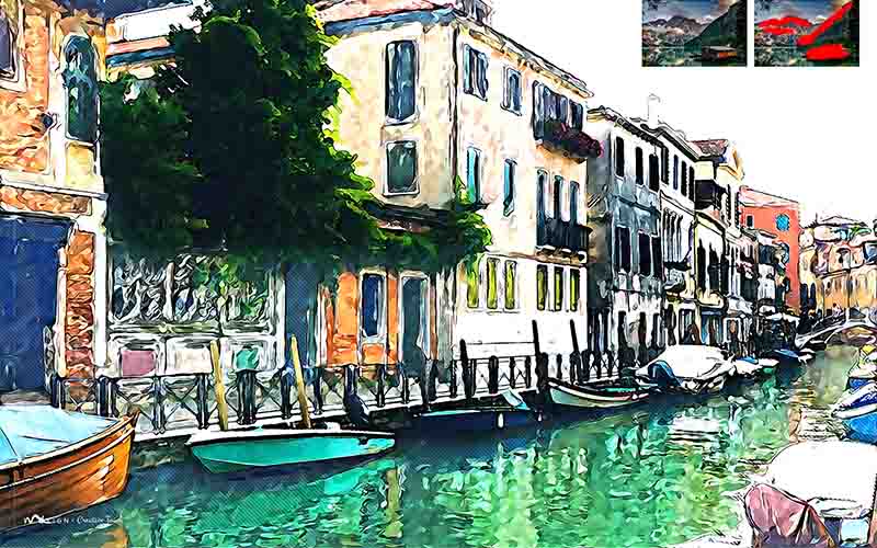cityscape of lakeside buildings with effect applied