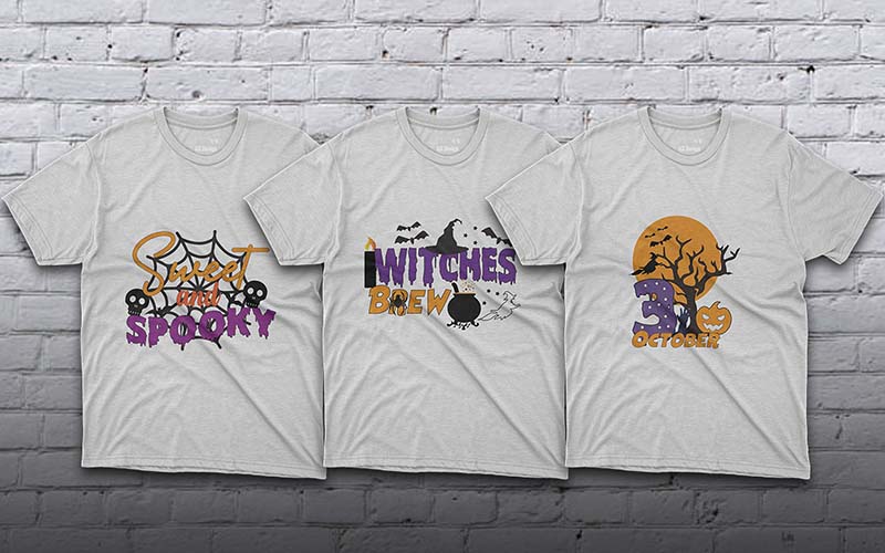 White t-shirts with Spooky designs on display