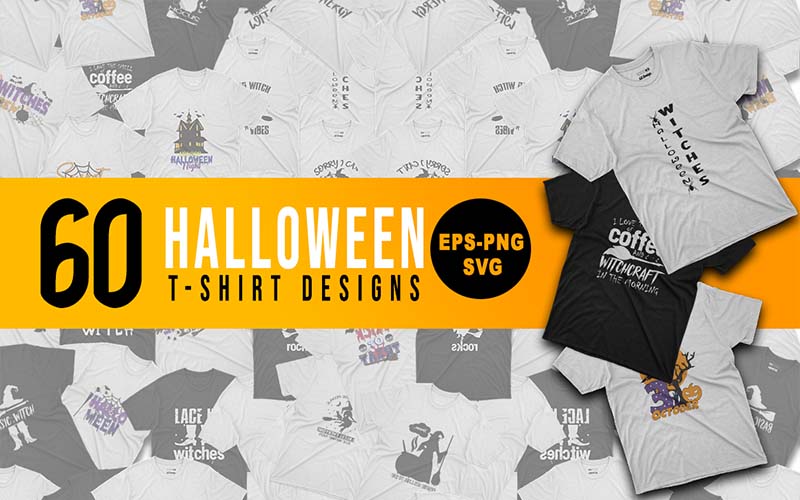 Halloween t-shirt designs banner with 3 tshirts on display