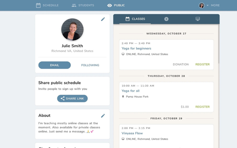 Ubindi - Software For Teachers scheduled classes user interface