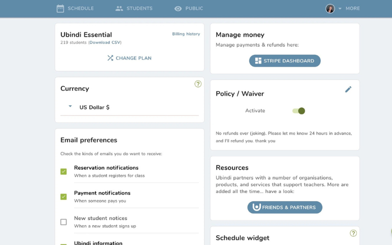 Ubindi - Online Teaching Platform dashboard user interface