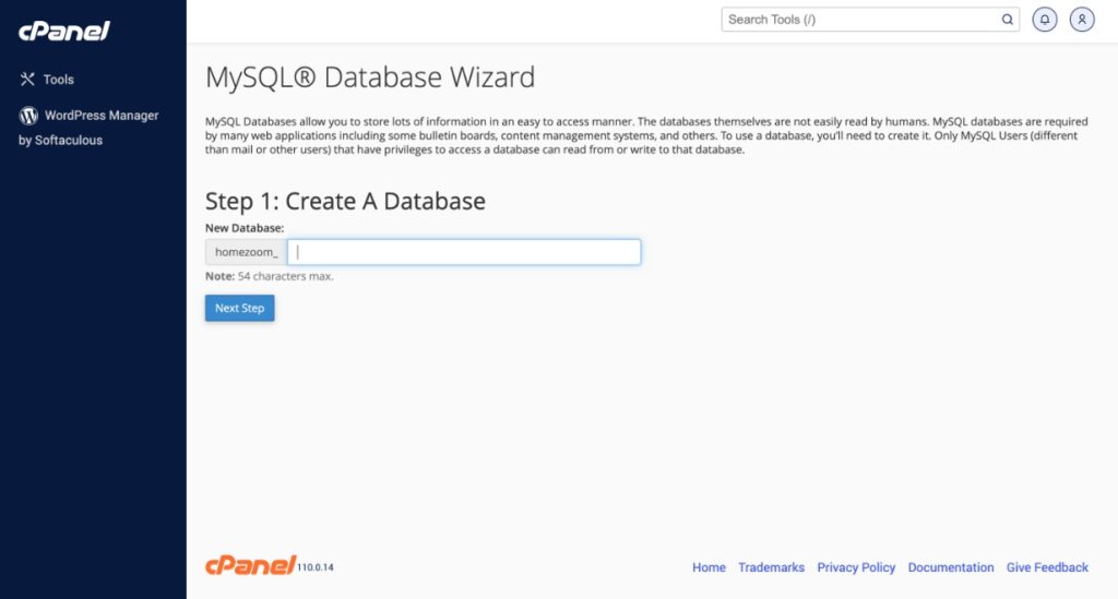 SQL Database creation page