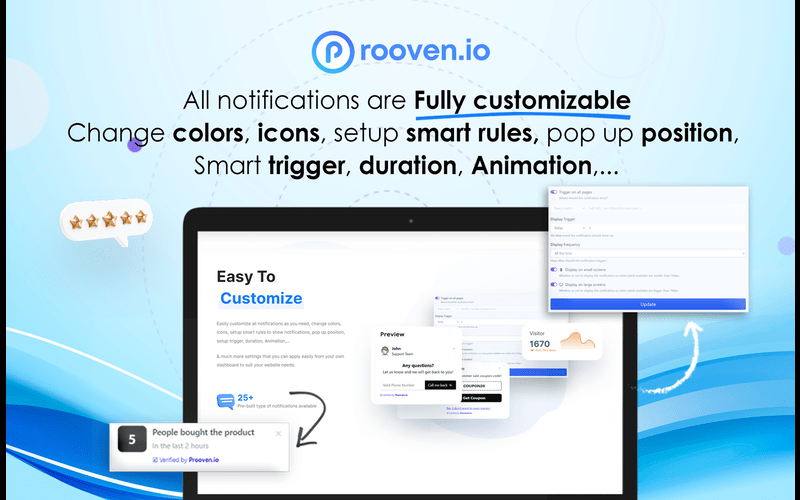 Mockup of laptop and typography on the side explaing about editing the icons in Prooven.io- Best social proof Software