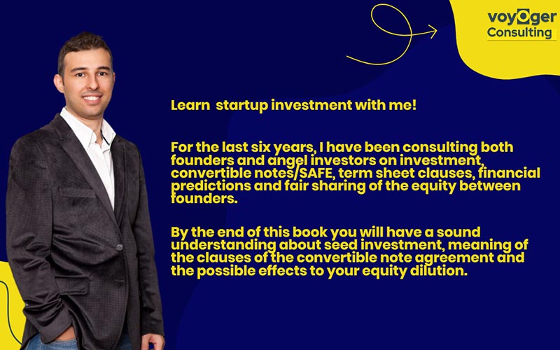 A man standing next to the about us information of the course - startup valuation model excel