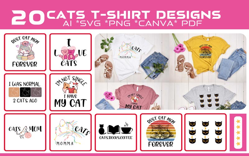 A collage of 10 images that exhibits the Cats T-shirt design print on T-shirts along with 9 different cat graphics of Trendy printable T-shirt Design pack.