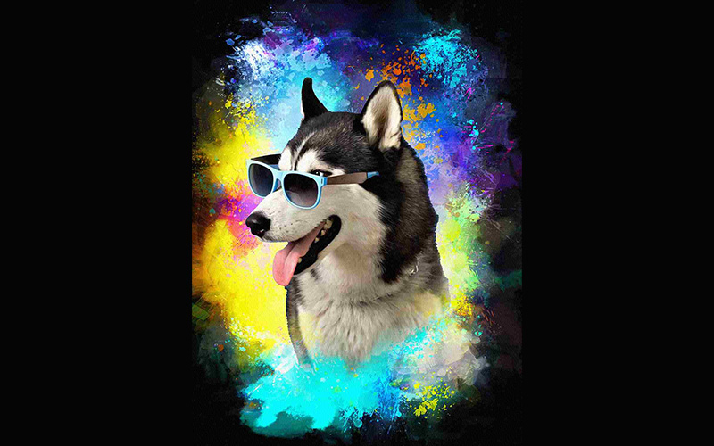 A Husky wearing a cool blue color sunglasses and added a digital painting Photo Effects Bundle- best photoshop actions for portraits