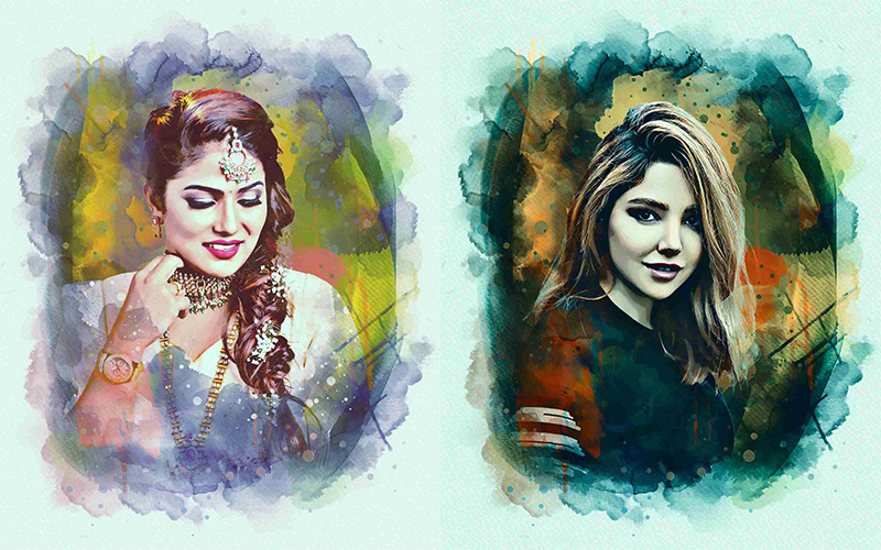 A woman wearing full ornament and posing while holding her necklace and a girl posing with a smile and showing her highlighted hair and added a digital painting Photo Effects Bundle - best photoshop actions for portraits