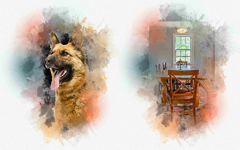 A fully grown German shepherd in is attack mode and a wooden dining table facing a white window and a paint effect from Photo Effects Bundle - best photoshop actions for portraits.