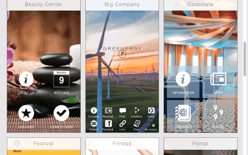 Preview of Mobile App templates - beauty template, corporate template and a big company template.