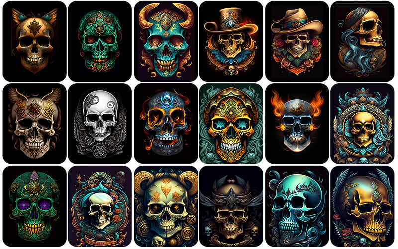 An arrangement of stylishly decorated skulls, each exuding its unique charm and allure. - skull art images