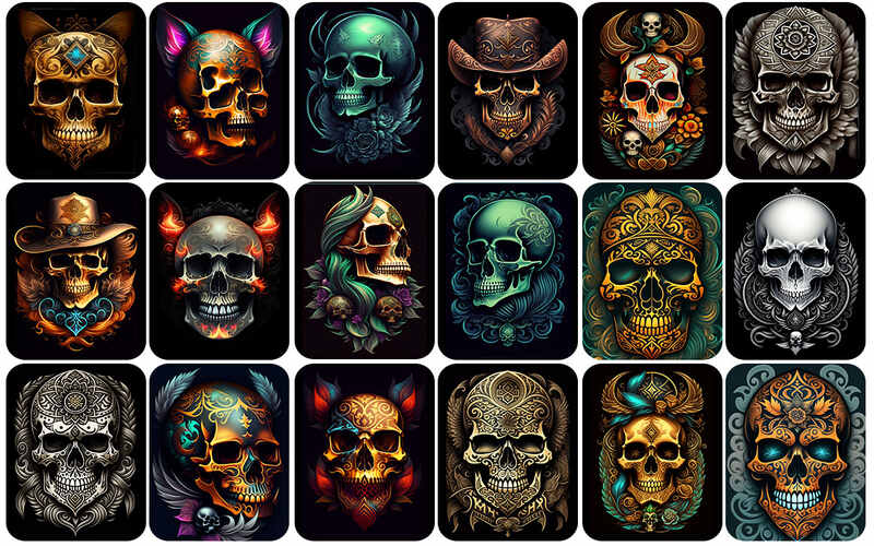 A collage featuring various ornate skulls arranged in a visually captivating manner. scary skull pics
