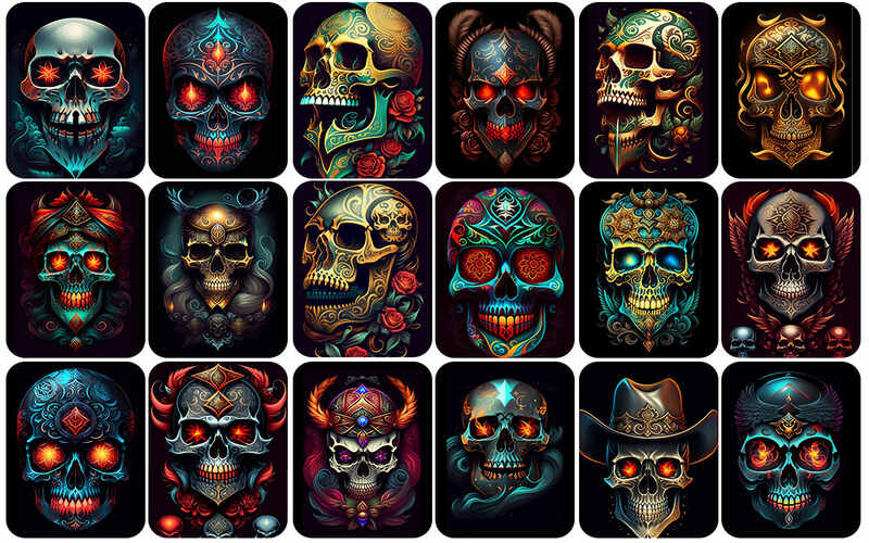 A composition of gracefully designed skulls adorned with intricate patterns and vibrant colors- skull art images