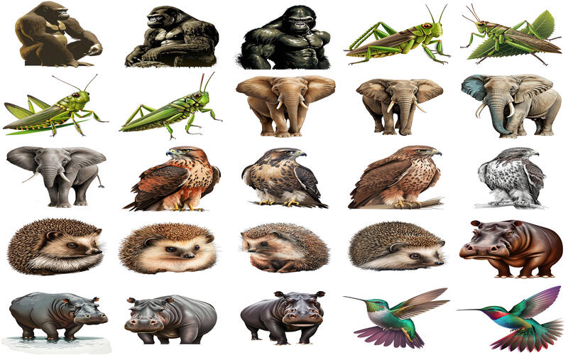 Collage of gorilla, grasshopper, elephant, hippo and more animal pictures clipart
